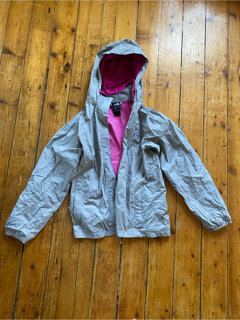 North Face Kids Hooded Windbreaker Jacket - Light Gray with Pink Lining